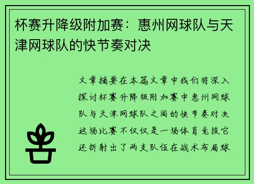 杯赛升降级附加赛：惠州网球队与天津网球队的快节奏对决